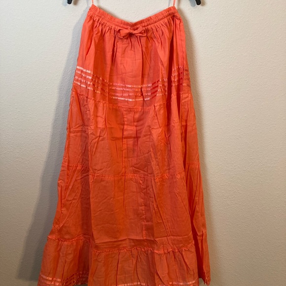 HIGHNESS NYC Women OS Beach Breeze Cotton Solid Orange Ruffle Maxi Skirt - Picture 10 of 12